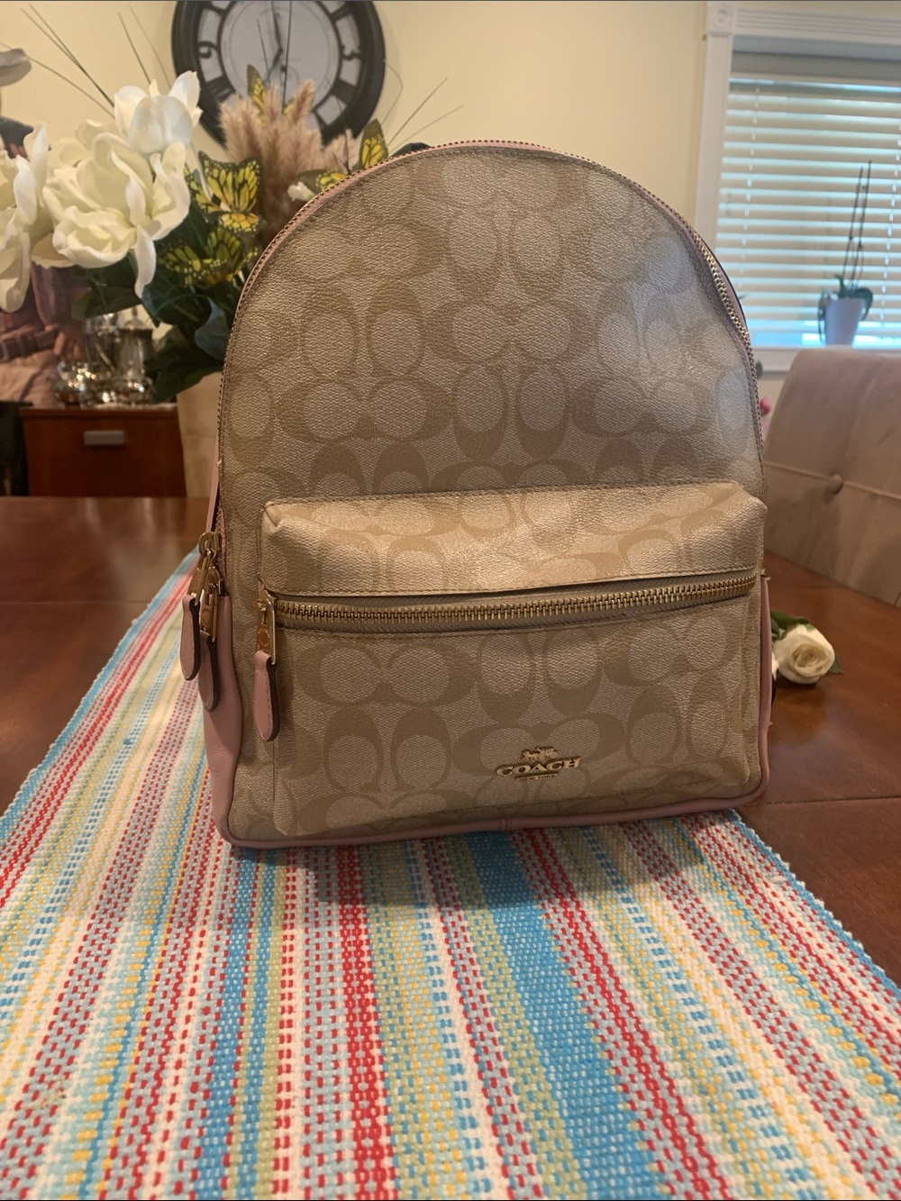 Coach Signature Canvas Backpack in Beige and Pink - Picture 2 of 11